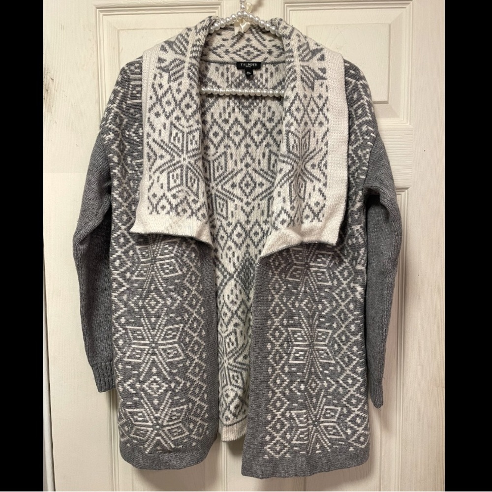 Talbots Grey/Ivory MedP Wool Blend Fair Isle Snowflake Open Cardigan Sweater